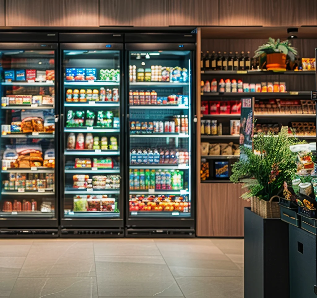 Grocery store refrigerators stocked with food and drinks