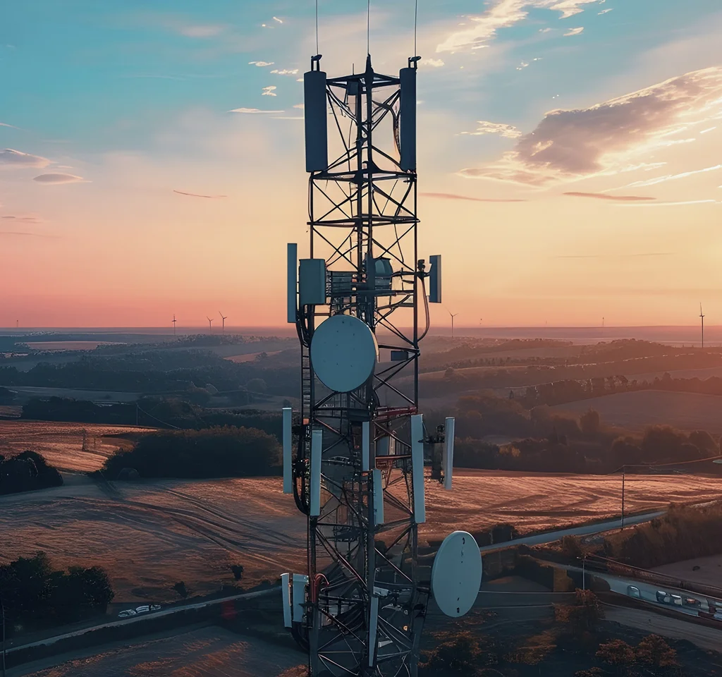 Telecommunications tower over rural fields at sunset